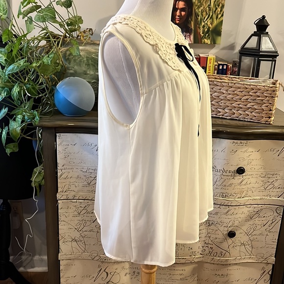 MOON COLLECTION LACED COLLAR SLEEVELESS SHEER BLOUSE CREAM BLUE SIZE LG - Picture 4 of 12